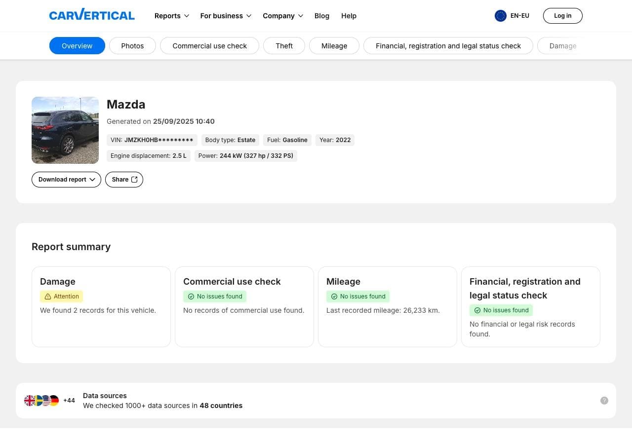 Exemplo de Relatório carVertical com histórico de quilómetros e acidentes
